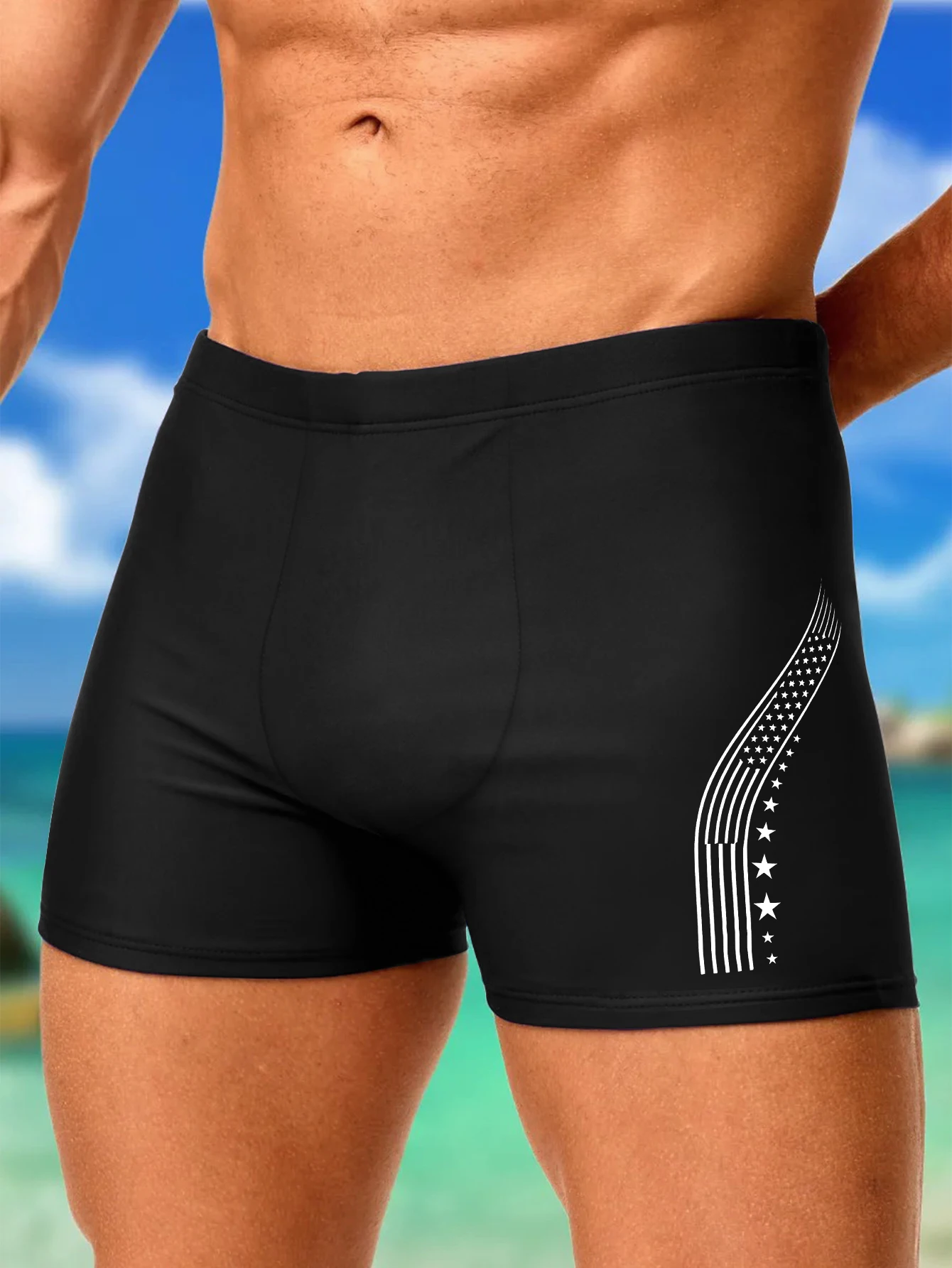 Schlanke bedruckte Badehose für Herren, atmungsaktiver, schnell trocknender Stoff mit Kordelzug am Bund, stilvolle Badebekleidung für Schwimmen im Freien am Strand