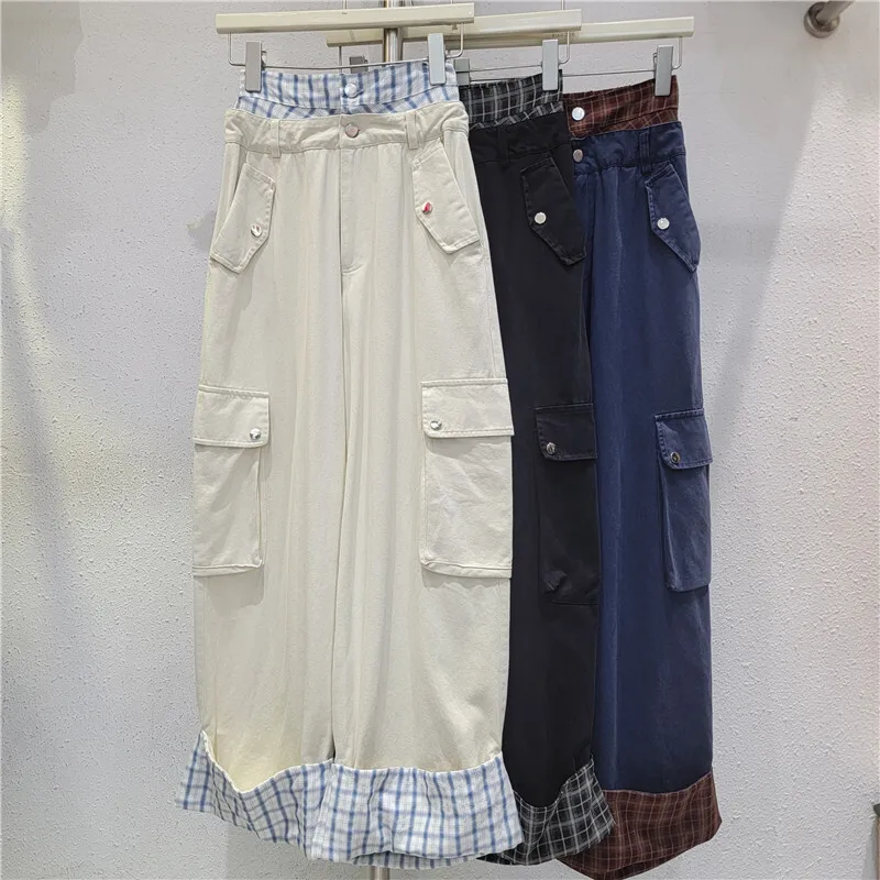 WTHT 2025 秋冬トレンド レディース パッチワーク コントラストカラー チェック柄 カジュアル カーゴパンツ ダブルウエスト ストレートパンツ 女性用 1LS2712