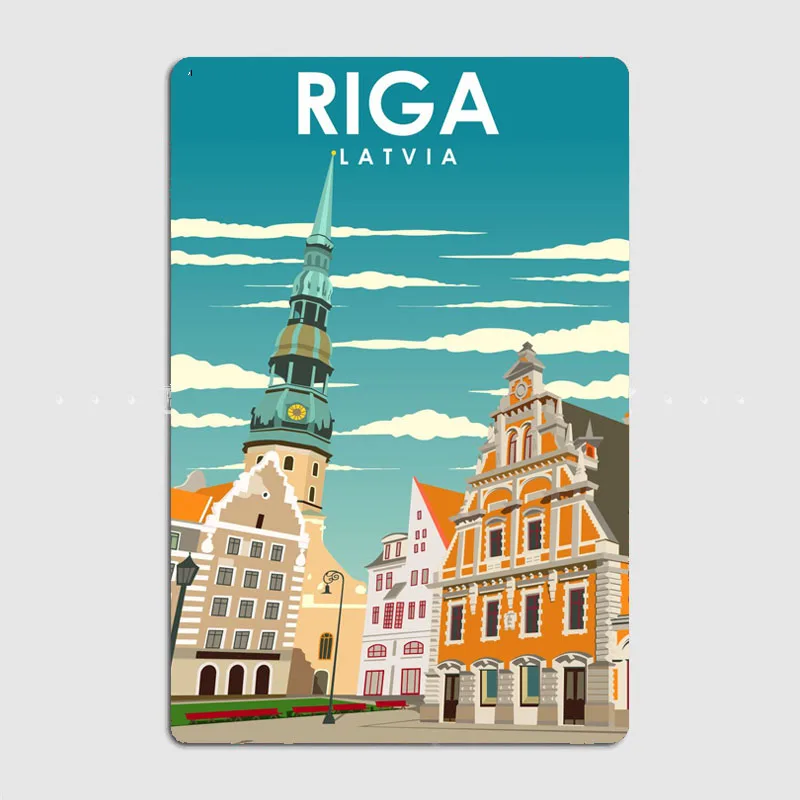 Tourist Attraction Riga Latvia Travel Poster Wall Art Metal Painting Vintage Garden Tin Sign Home Decor Room Decoration