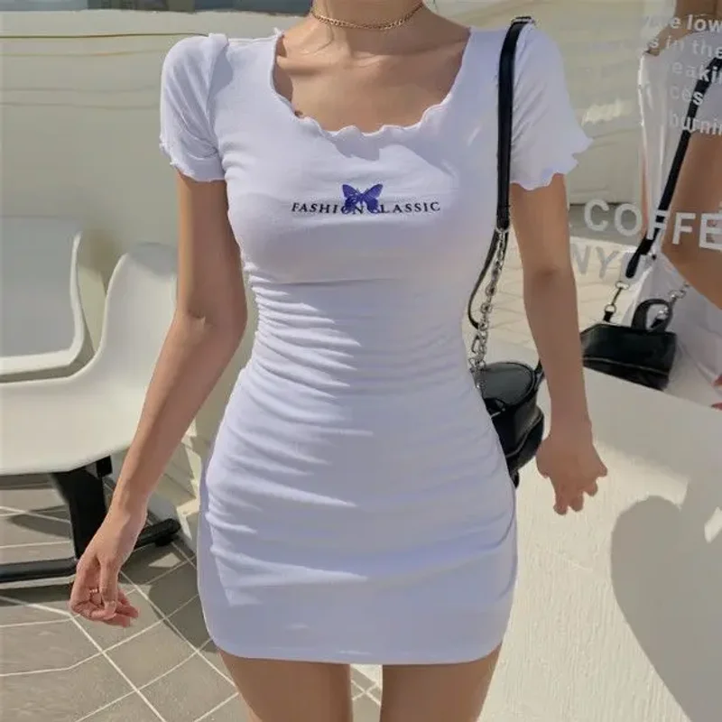 Summer Women Dress Thin Elastic Short Sleeved Letter Dresses Slim Elegant Korean Fashion Bodycon T Shirt Dress