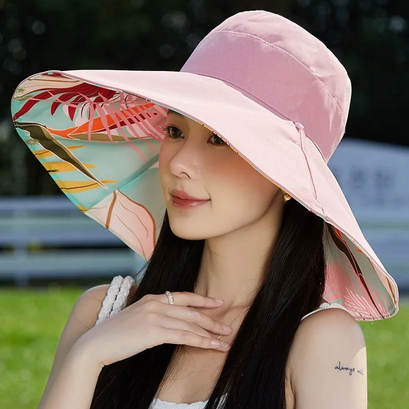 Women Foldable Reversible Wide Brim UV Sun Hat Portable Storage Versatile Summer Outdoor Beach Travel Breathable Visor Cap