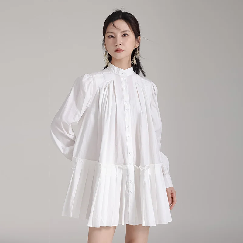 

Pleated White Shirts Dresses Women Doll Autumn Thin Stand-up Collar Blouses Cotton Lantern Sleeves Loose Waist A-line Mini Dress