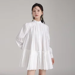 Pleated White Shirts Dresses Women Doll Autumn Thin Stand-up Collar Blouses Cotton Lantern Sleeves Loose Waist A-line Mini Dress