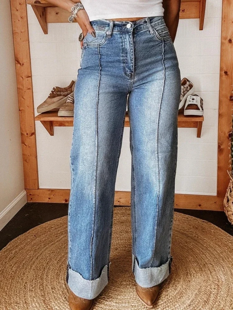 Celana Jeans Wanita High Waist Model Retro Streetwear Harajuku Musim Gugur, Celana Denim Longgar Kaki Lebar Model Lurus, Celana Baggy Y2K