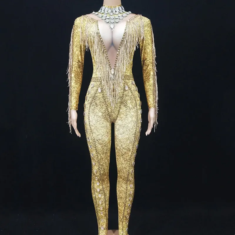 

Gold Rhinestones Tassel Long Sleeve Jumpsuit for Women Tight Leotard Performance Dance Costume Singer Photograph Show Stage Wear