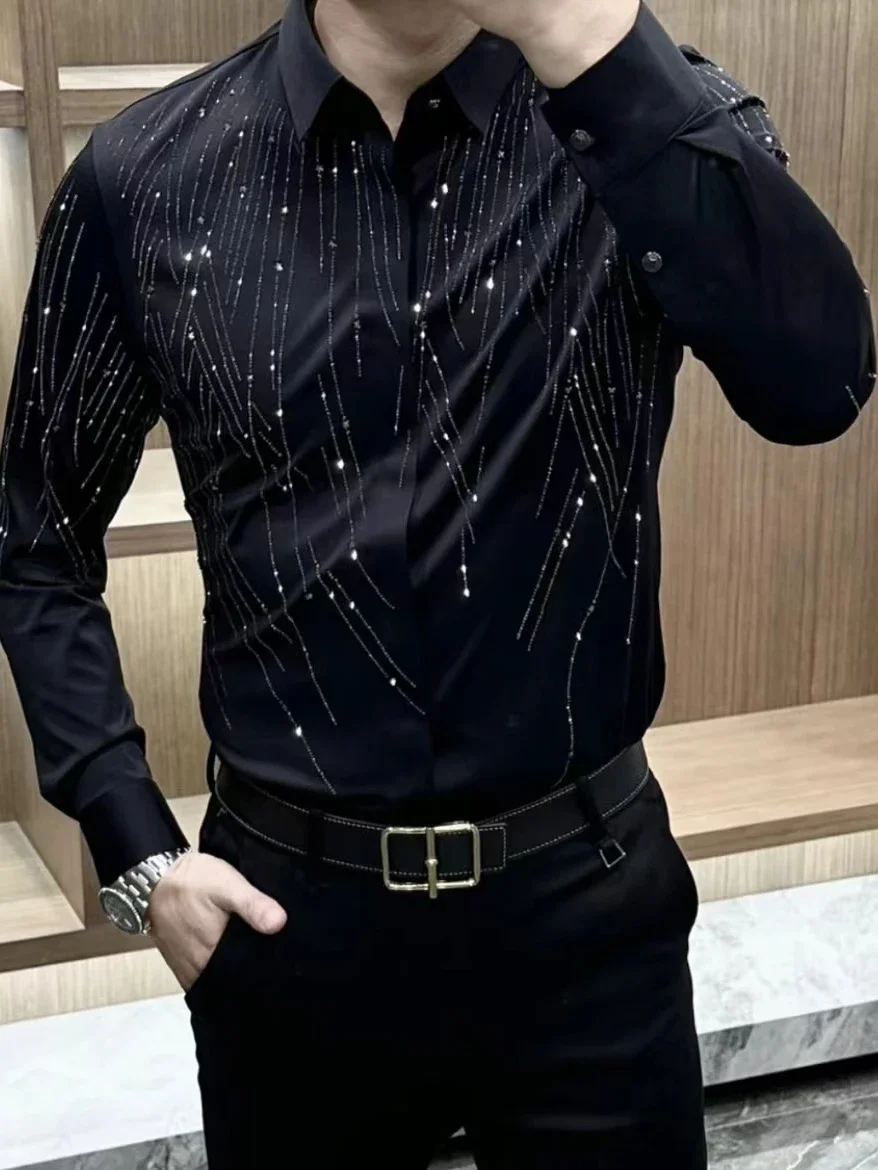 Men's 2024 Autumn and Winter New Fashion Men's Inner Lapel Hot Diamond Top Long Sleeve Slim Fit Versatile Business Casual Shirts