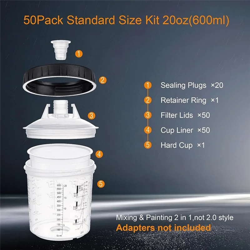 【Weltraumsparend】 Misch- und Farbbecher 20 Unzen (600 ml) Kit 50 Stück mit Deckel, inklusive System 1 Hartbecher mit Haltering und 20 Pl