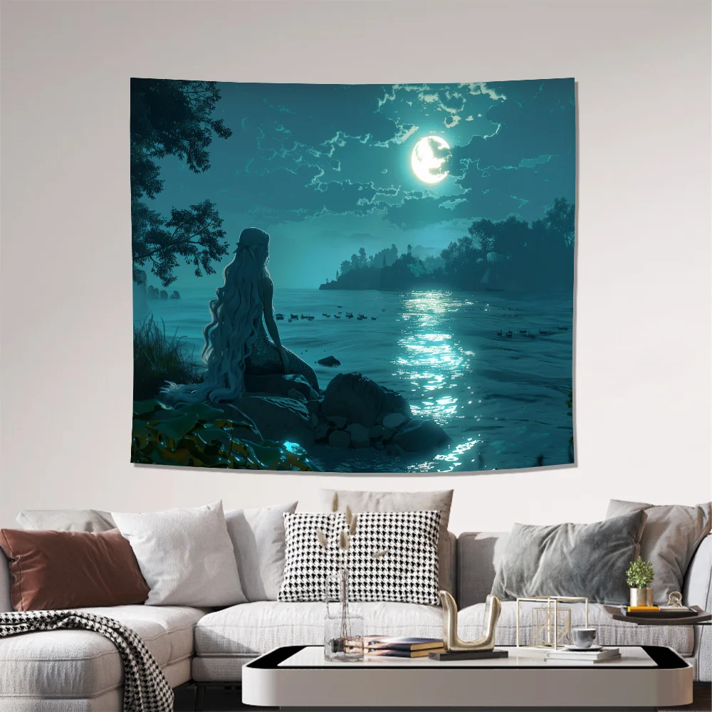 Huge Mermaid Fantasy Tapestry Wall Art Ocean Moonlight Dream Scene Printed Decorative Room Decor Background Poster 150x230cm view 5