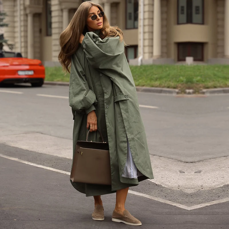 Oversized Solid Wome's Long Trench Coat Puff Sleeve Side Slit Maxi Windbreaker Lapel Single Breasted Lady Autumn Tench Coats image 5