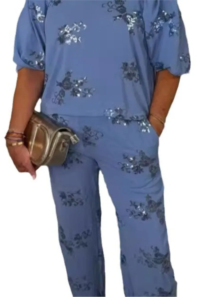 Spring Autumn Print Casual 3/4 Sleeve T-shirt Women\'s Clothing Fashion Pocket Elastic Waist Trousers Office Female 2 Piece Set