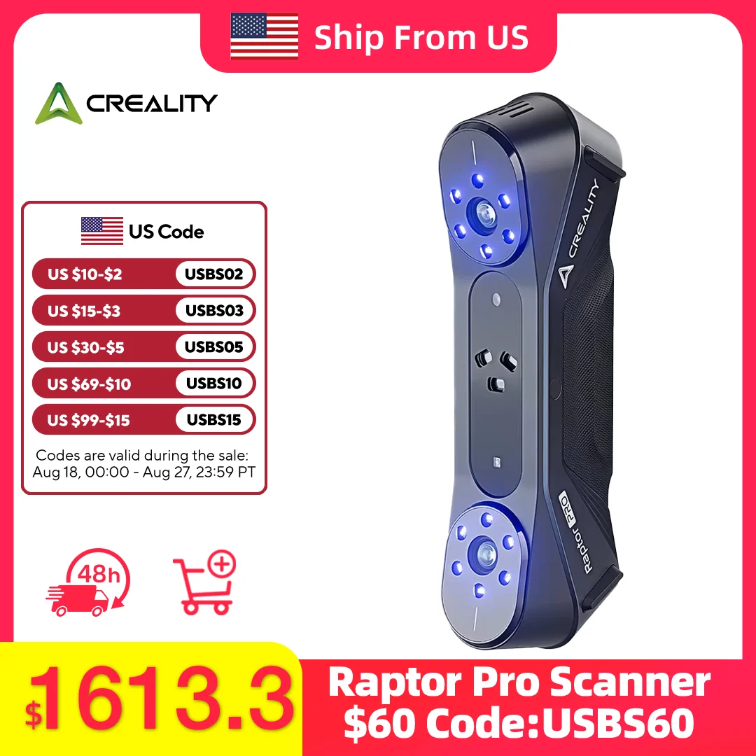 

3D-сканер Creality CR-Scan Raptor Pro, высокая скорость сканирования, 60 кадров в секунду, 24-битное полноцветное сканирование, лазерное сканирование с структурированным светом NIR