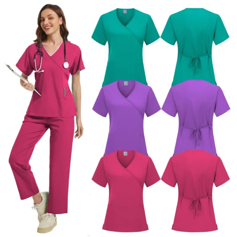 Medizinische Uniform trend ige Frauen Peeling Set Stretch weiche Y-Ausschnitt Top Hosen Krankenhaus Tierklinik Arzt Kostüm Kontrast farben