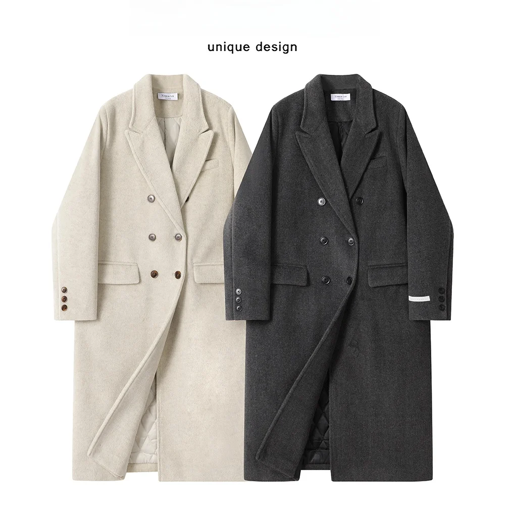 

Ele Korean Sle Women's Long Coat Cotton Lined Loose Suit Woolen Jaet Mid-Length Straight Cut Commute Faion