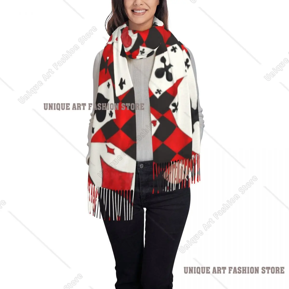 Luxury Cool Poker Playing Cards Pattern Tassel Scarf Women Winter Warm Shawl Wrap Female Gambling Card Game Scarves