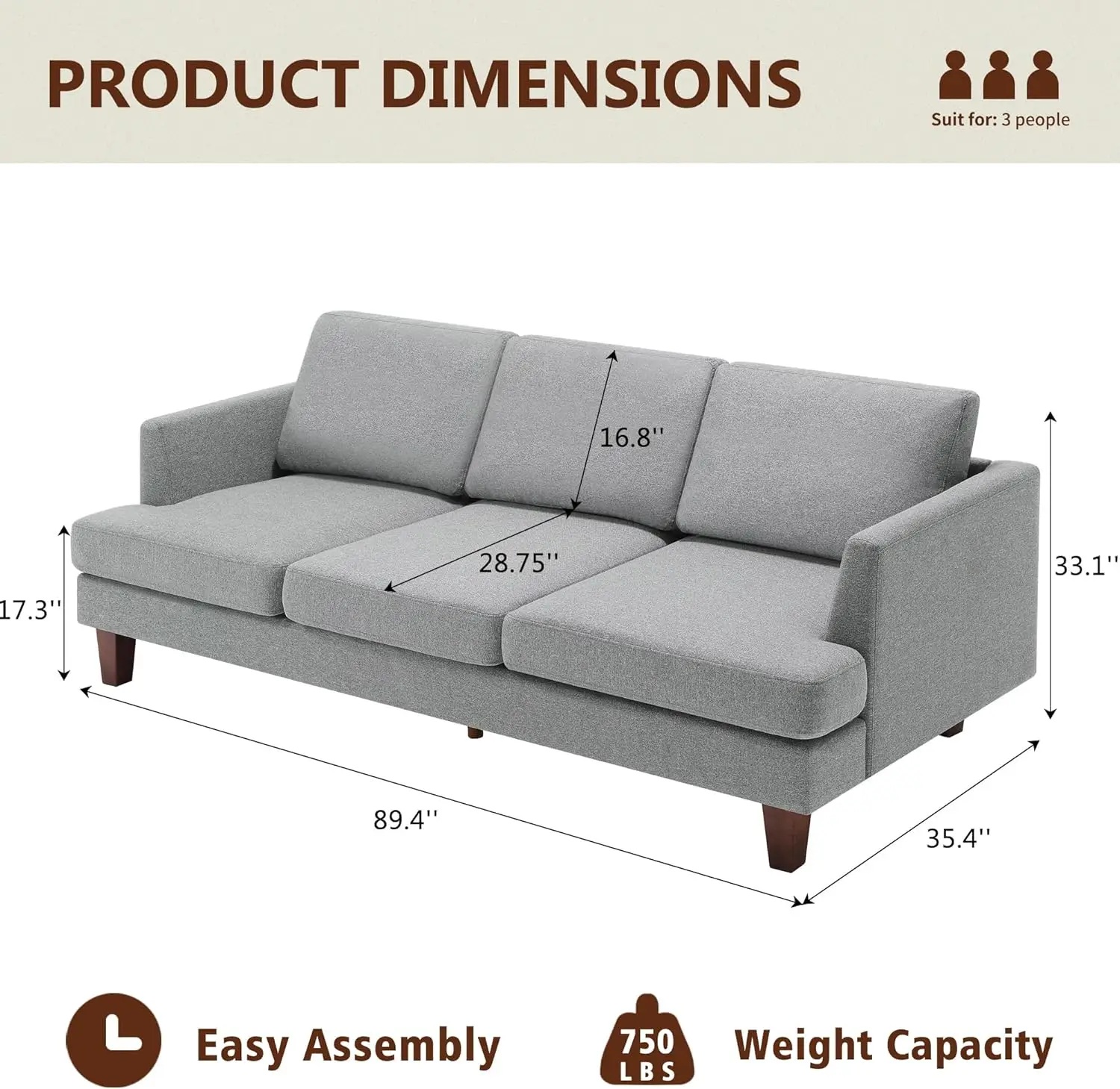 โซฟาโซฟาพร้อมที่นั่งลึก, โซฟาหุ้มเบาะ Mid Century Modern ขนาด 89 นิ้วพร้อมที่วางแขน, โซฟาแสนสบายสําหรับห้องนั่งเล่น, ห้องนอน, อพาร์ท