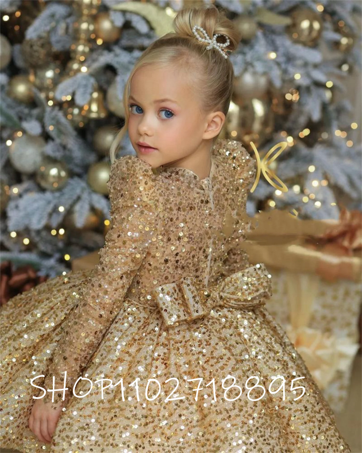 Princess Gold Flower Girl Dresses For Weddings 2023 Sequins Kids Tulle Bow Short Gowns Long Sleeves Ball Gown Vestidos De Novia