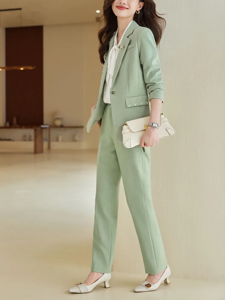 Women Office Suit 2 Pieces Sets Elegant Chic Design Ol Slim Long Sleeve Coats Tops Korean Formal High Waist Straight Pants 2024