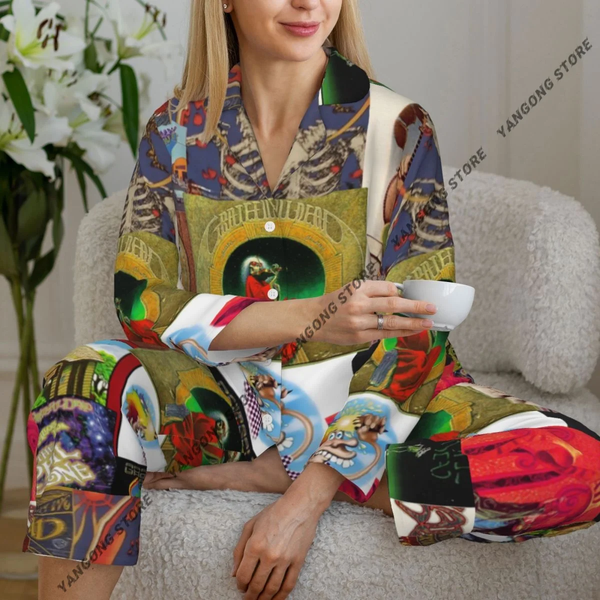 Grateful Dead Womens Pajamas Loungewear Two-piece Sleepwear Button-Down Full Sleeve Long Pajamas Set