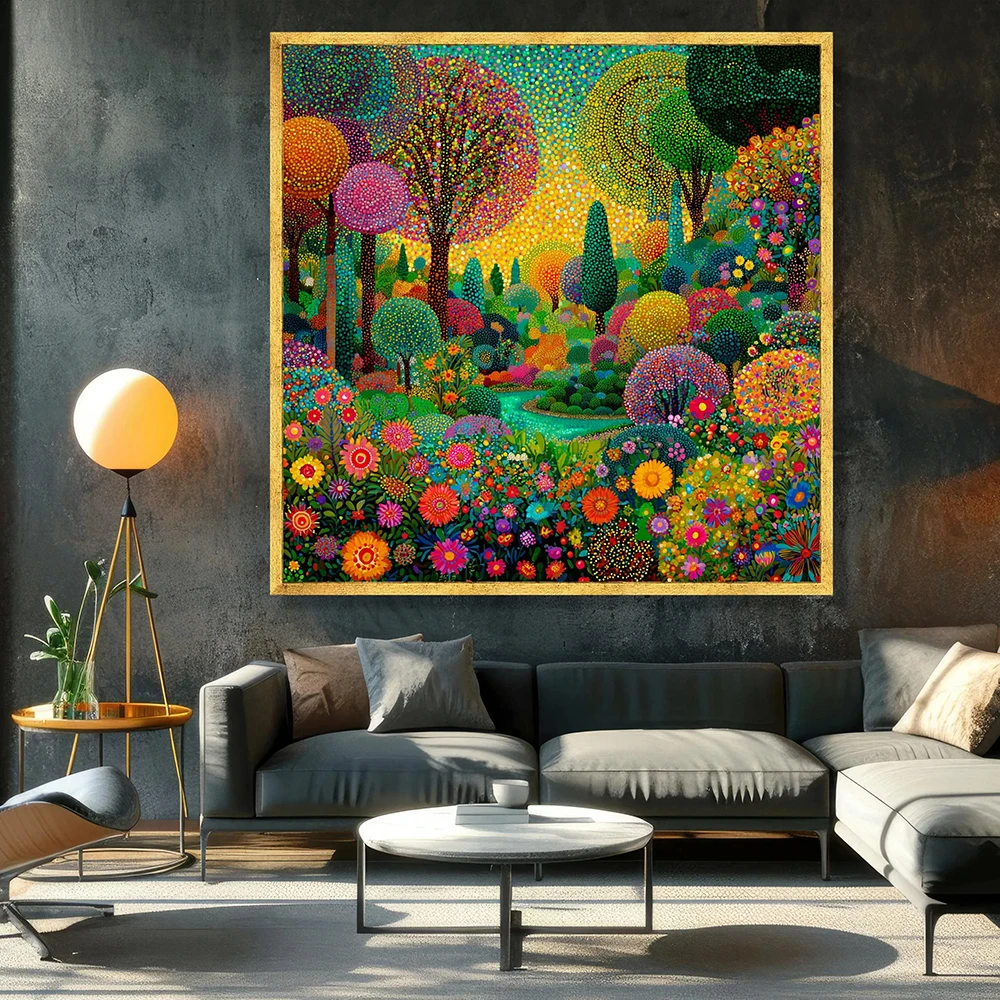 Vibrant flower garden canvas, colorful abstract trees wall art, bright nature canvas decor, home living room, bedroom decor, no