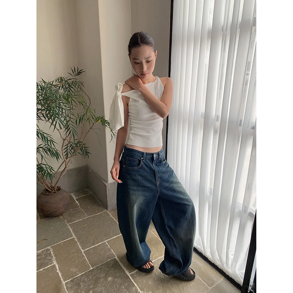 Szerokie jeansy damskie vintage dżinsy spodnie do ziemi niski stan postarzane sprane kieszenie streetwear luźne spodnie 2025