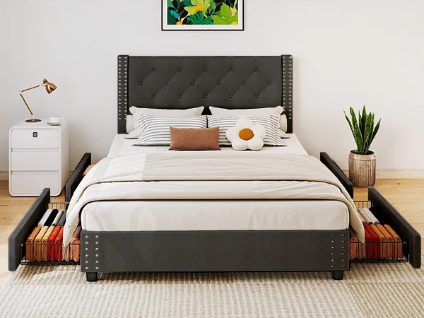 81.50×55.12×48.43inch Full Size Bed Frame w Upholstered Button Tufted Headboard Wood Slat Support Metal Platform Bed Frame