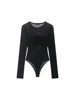 Women Sexy Mesh See Through Bodysuit Women Long Sleeve Sheer Bodysuits O Neck Bodycon Jumpsuit Female Romper - Image 5