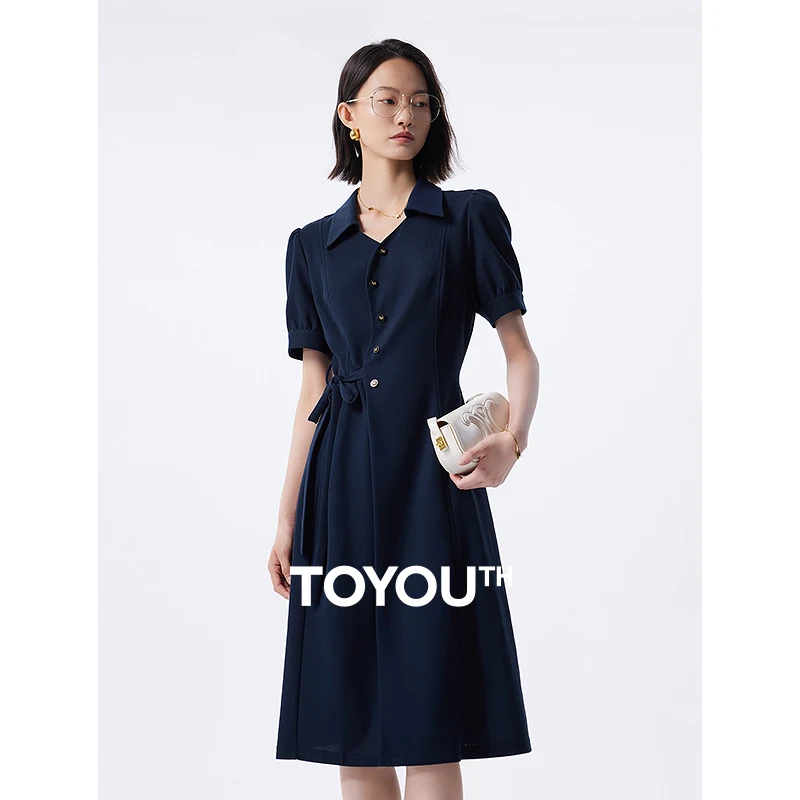 TOYOUTH Women Dress 2024 Summer New Lace Up Waistband Turn Down Collar Buff Sleeve Casual Mid Length Luxury Navy Fashion Dress