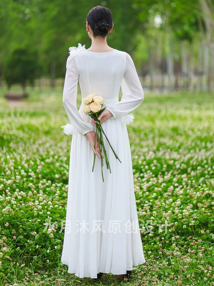 New Women Elegant White Chiffon Dress Spring Summer Fashion V-Neck Long Sleeve High Waist Fairy Style Dress Casual Holiday Dress