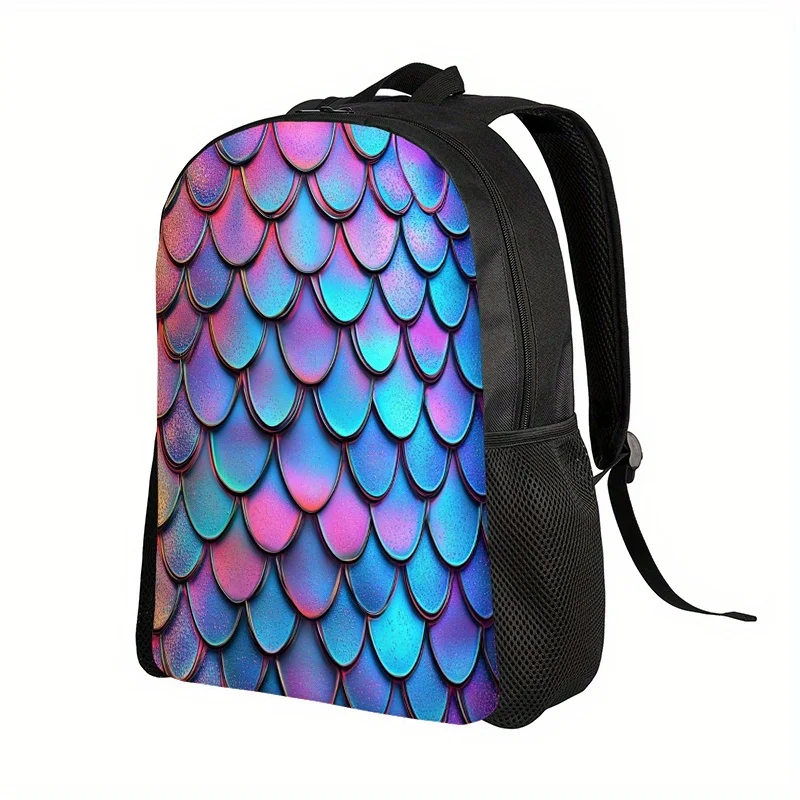 2D Flat-Printed Backpack Featuring a Rainbow Fish Scales Design Equipped with Adjustable Straps And a Zip Closure