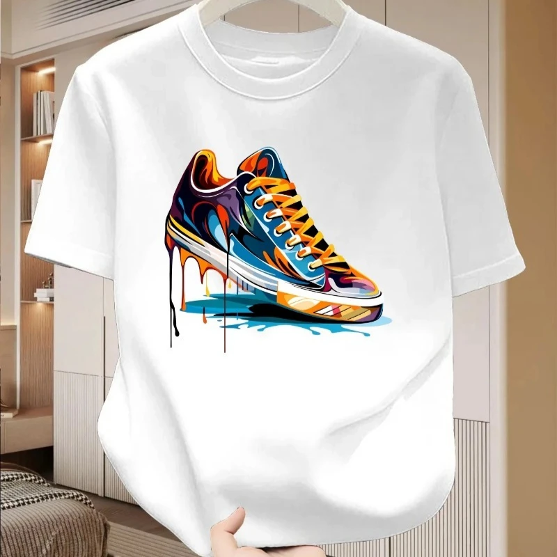 Personalized Trendy Sneakers Summer Men's Cotton Casual Novelty Trend Tees Graffiti Printed Loose Round Neck Short Sleeve Tshirt