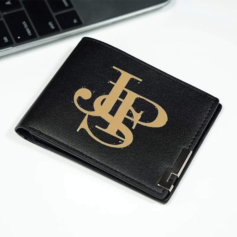JP 모노그램 로고 블랙 PU 가죽 지갑 미니멀리스트 비즈니스 스타일 컴팩트 디자인 내구성 경량 일상용