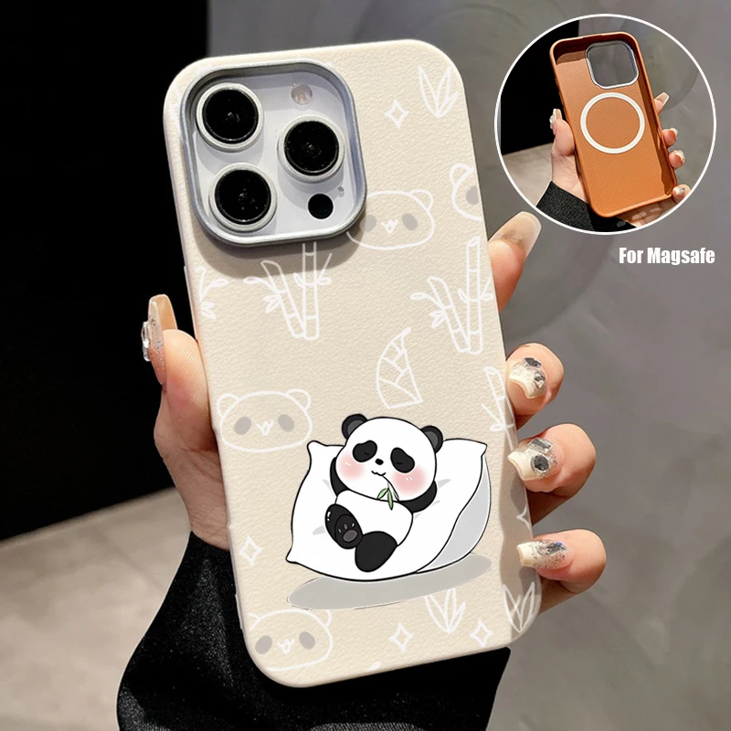 Funda blanda con textura de cuero para Magsafe, funda magnética con patrón de Panda para iPhone 16 15 14 Pro Max 16 15 Plus 13 12 Pro Max 11