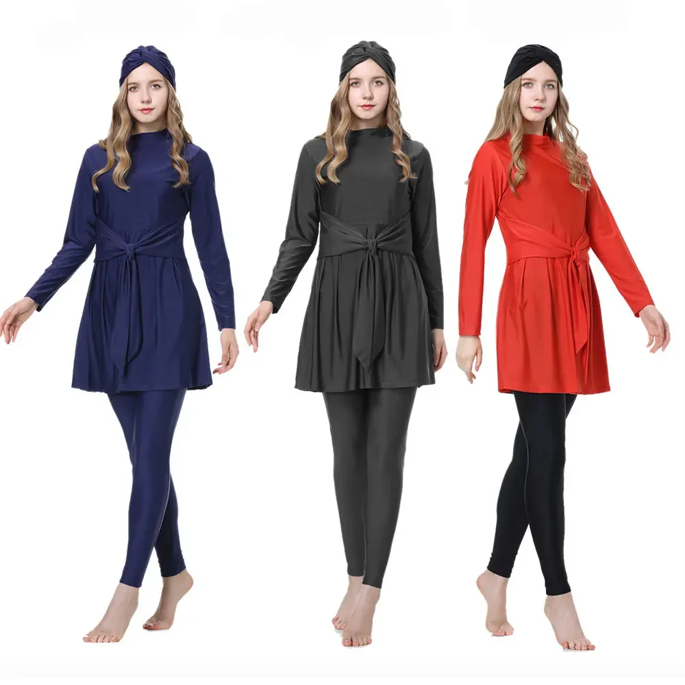 4 Pieces Burkini Muslim Swimsuit for Women Full Cover Modest Islamic Rash Guard Beach Wear Elegant Bowknot Removable Belt S-3XL