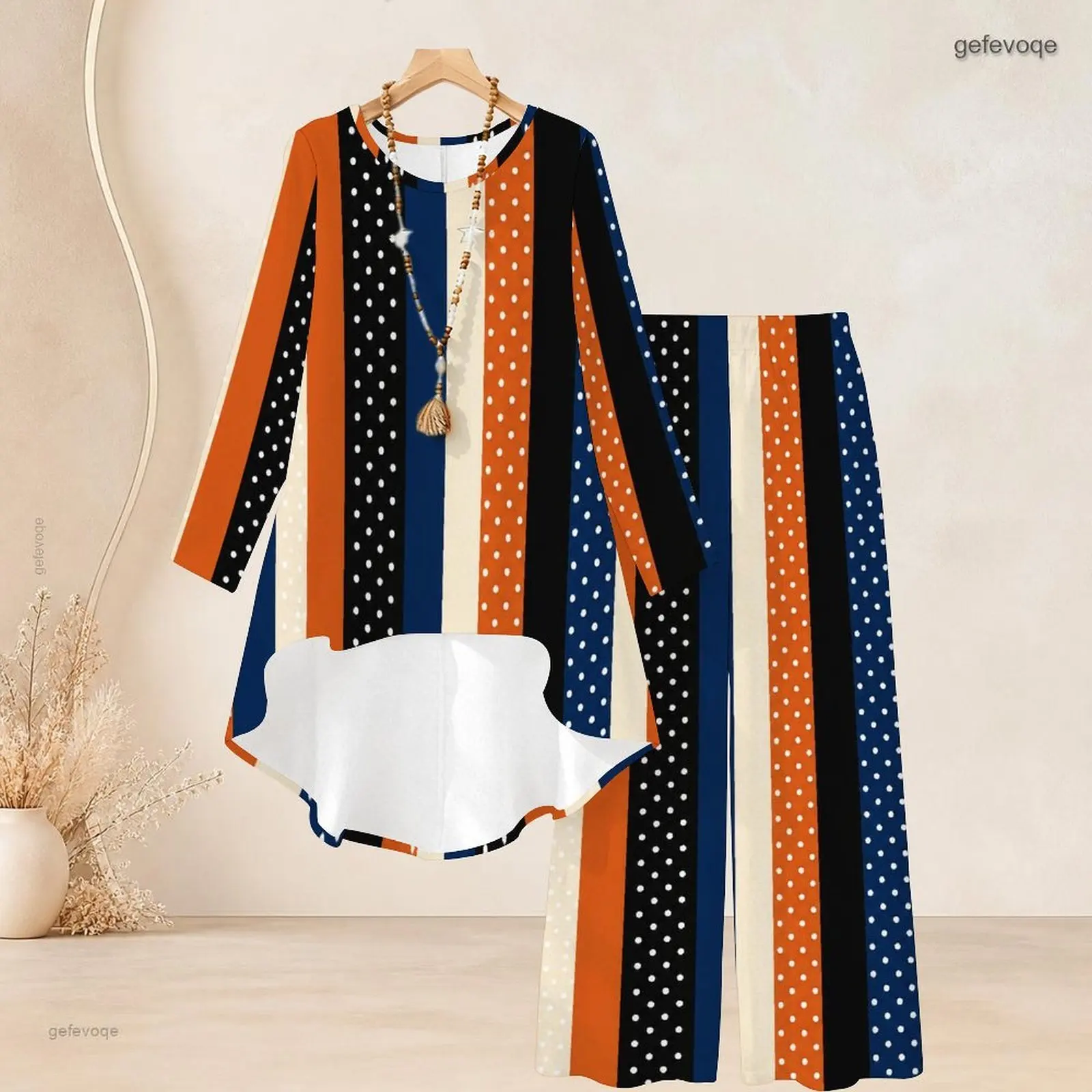 Women Striped Printed Round Neck Long Sleeve High Low Top and Wide Leg Pants Two Piece Set