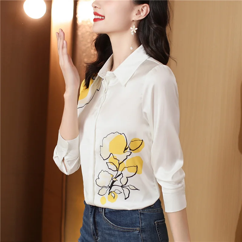 Elegant Printed Satin Shirts Women Fashion Long Sleeve Women Blouse 2024 Autumn Turn Down Collar Office Lady Casual Basic Tops