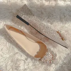 Wedding Shoes Woman Square Buckle Crystal Pointed Toe Flats Glitter Shallow Slip On Comfy Loafers Bling Bling 33-44 Moccasins