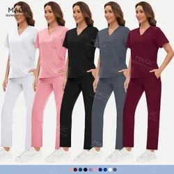 Stretch Scrub Set Medical Uniform Health Service Scrub Tops with Pocket Pants Beauty Salon Workwear Surgery Doctor Nurse Uniform