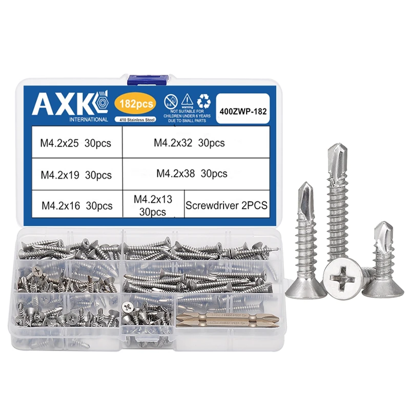 

182pcs phillips self drilling tapping screw kit 410 stainless steel m4.2 washer head drilling screw with screwdriver bits