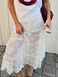 Y2k Fairy Grunge Lace Midi Skirts for Women White  Half Skirt E-Girls See-Through Maxi Long Skirt Vintage Streetwear