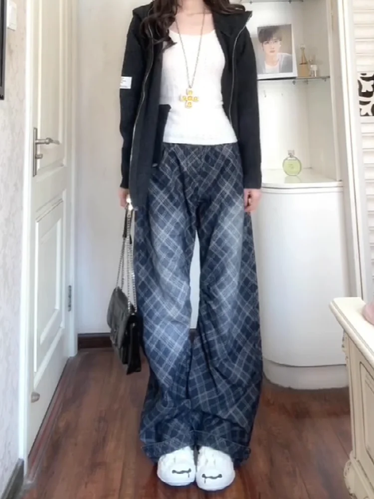 Sweet Cool Spicy American Style Printed Plaid Knife Jeans Women's Loose Bf Lazy Style Wide Leg Long Pants High Waist