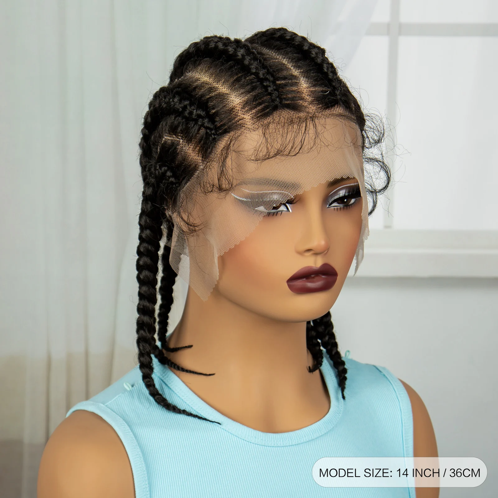 Curto laço frontal Bob perucas para mulheres negras, sintético, laço completo, Cornrow trançado, sem nós, transparente, 14"