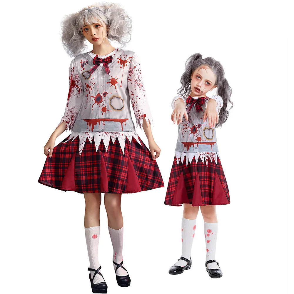 

Halloween Scary Fancy Dress Bloody Student Zombie Costumes Uniform for Kids Child Girls Adult Parent child clothing