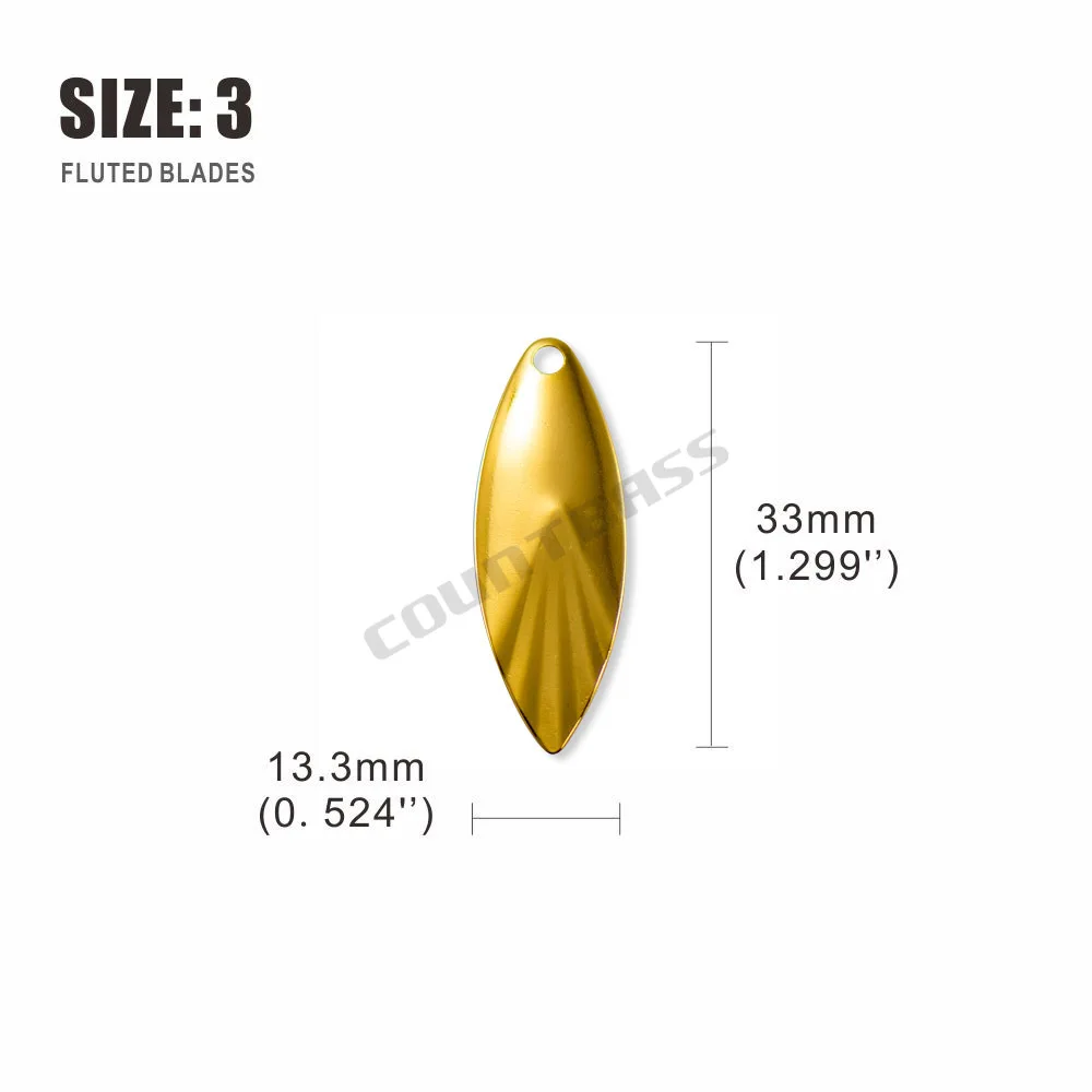 50pcs COUNTBASS Size 2.5-4.5 Gold Plated Steel Willow Leaf Spinner Blades Fluted Pattern, DIY Spinner baits Fishing Lure