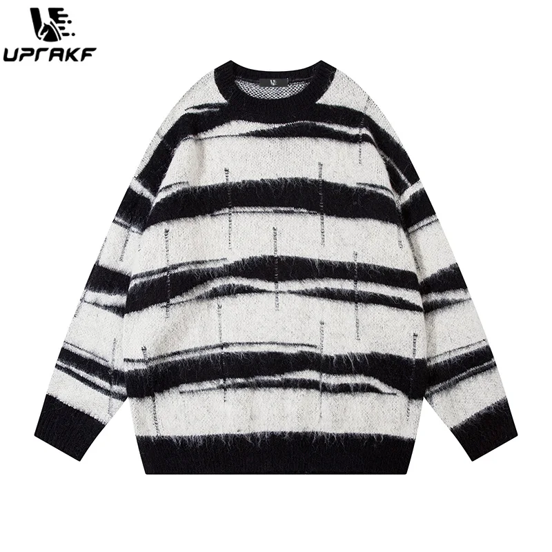 UPRAKF Striped Sweater Lapel Knit Autumn Loose All-Match Round Neck Winter Tops Trendy Pullovers