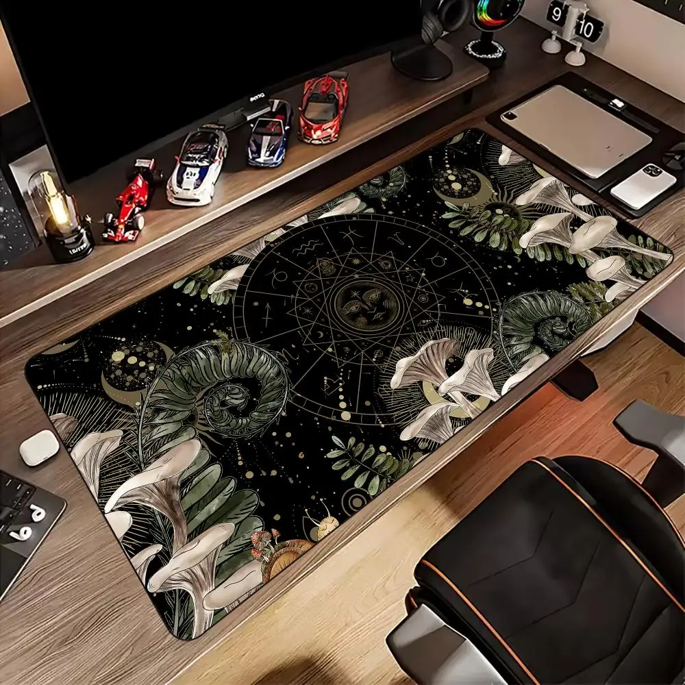 Mystic Zodiac Witchy Large Gaming Mouse Pad Occult Astrology Wheel Mushroom Botanical Non‑Slip Rubber Desk Mat for Gamer Office