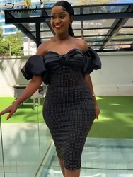 Znaiml Office Lady Mid-Calf Dresses Women‘s Summer Short Sleeve Strapless Off Shoulder Sexy Night Club Party Birthday Vestidos