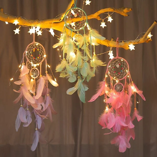 Romantic LED Dream Catcher Feather Dreamcatcher Night Light Home Bedside Girls Room Wall Hanging Party Wedding Decoration Gift