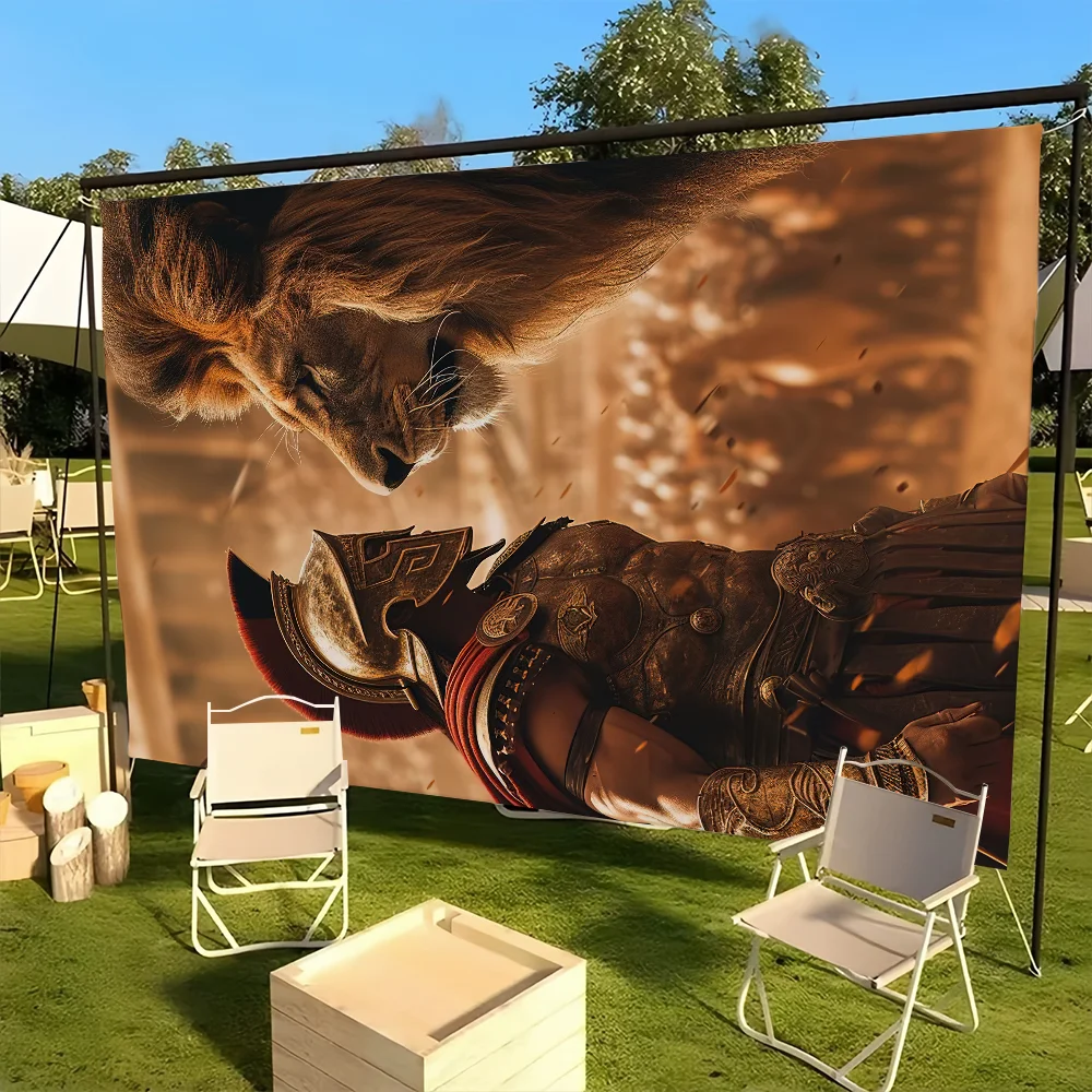 Spartan Warrior Gladiator Sword & Lion Wall Tapestry, Mythological Battlefield Flag Banner for Garage, Office and Home Wall Art