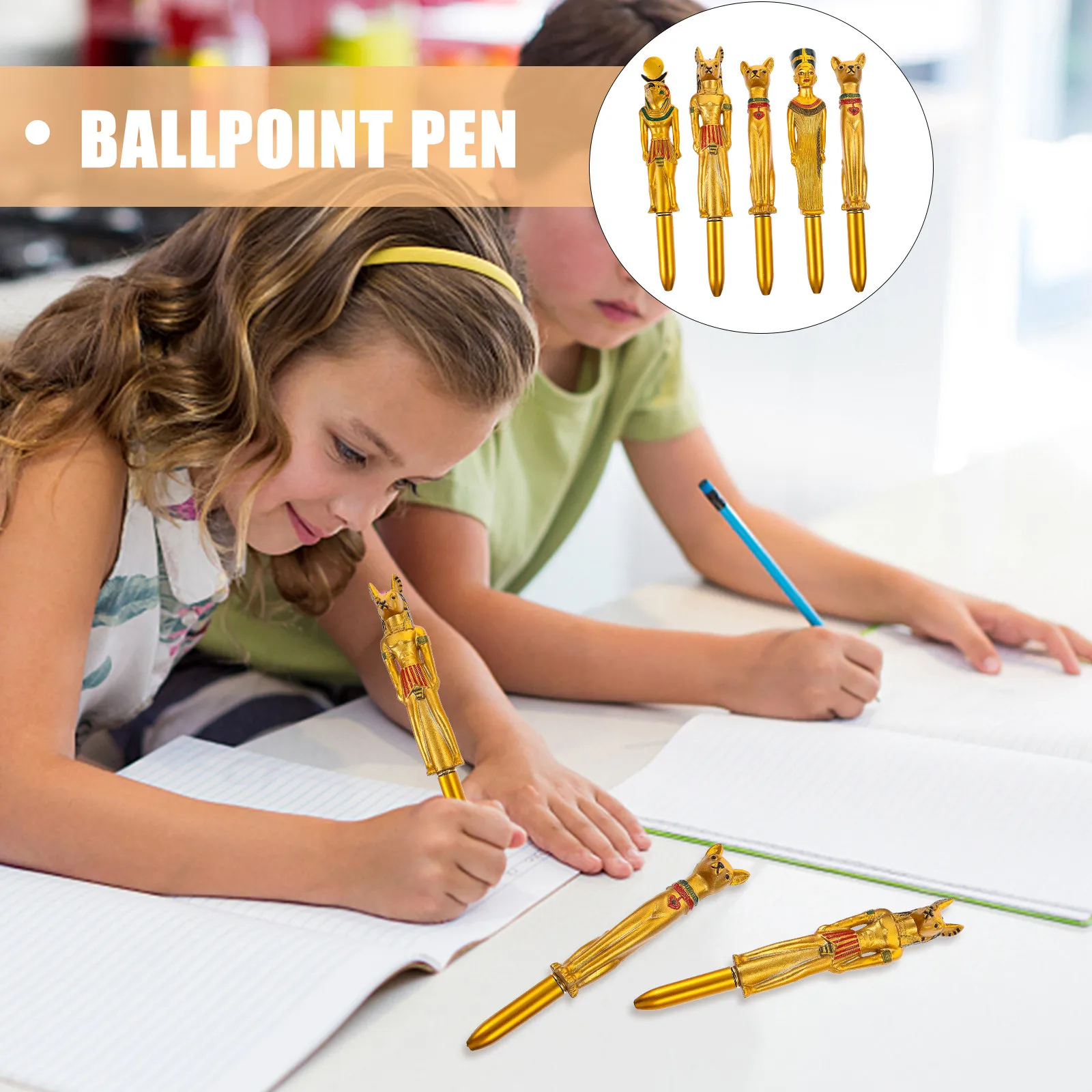 

5Pcs Egyptian Pharaoh Ballpoint Pen Premium Plastic Creative Fan Design Refillable Portable Sign Pen for Wedding Ceremony Office