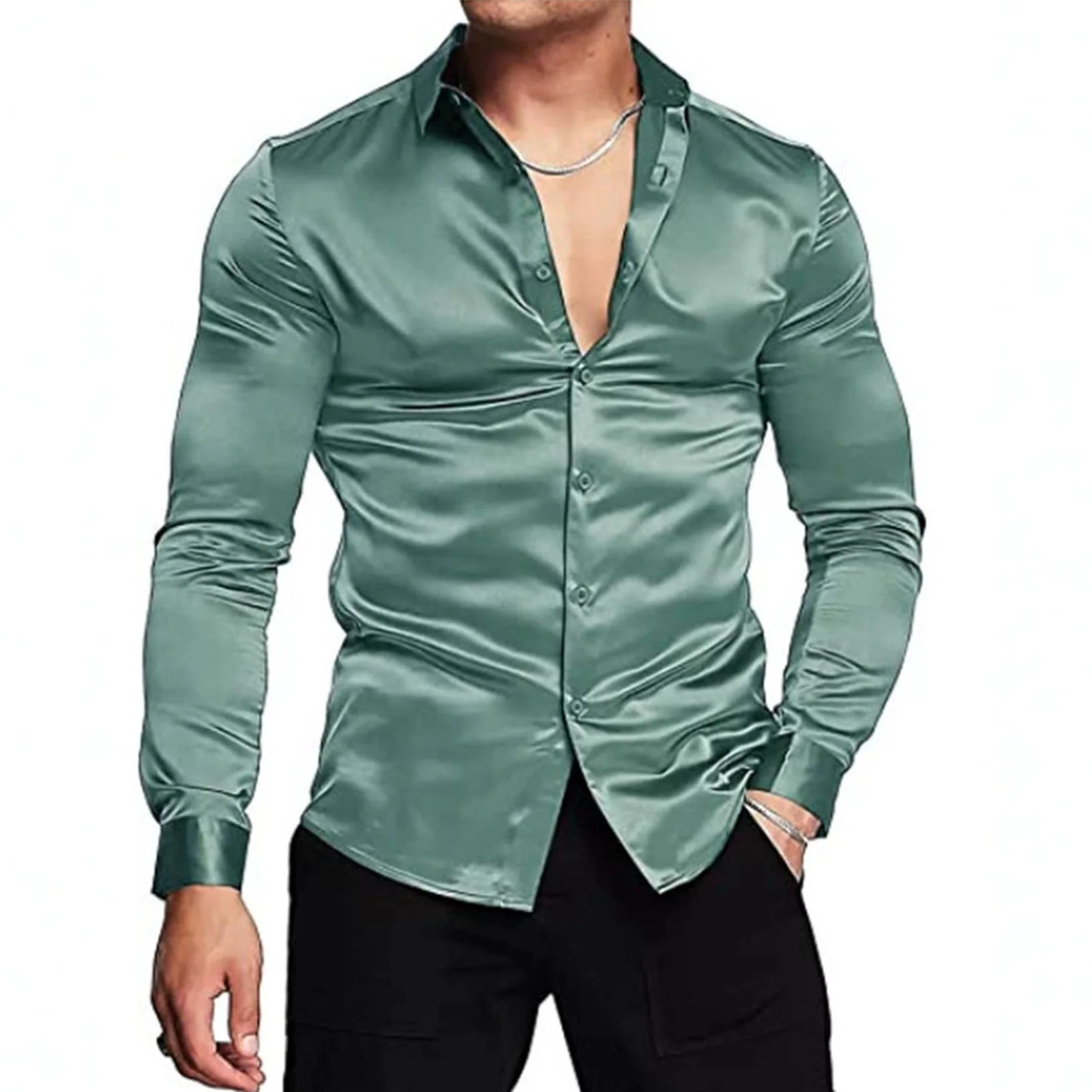 الوردي الحرير الساتان فستان فاخر قميص الرجال 2023 جديد سليم كم طويل سهرة قميص الذكور الزفاف نادي حفلة الرقص حفلة موسيقية قمصان #4